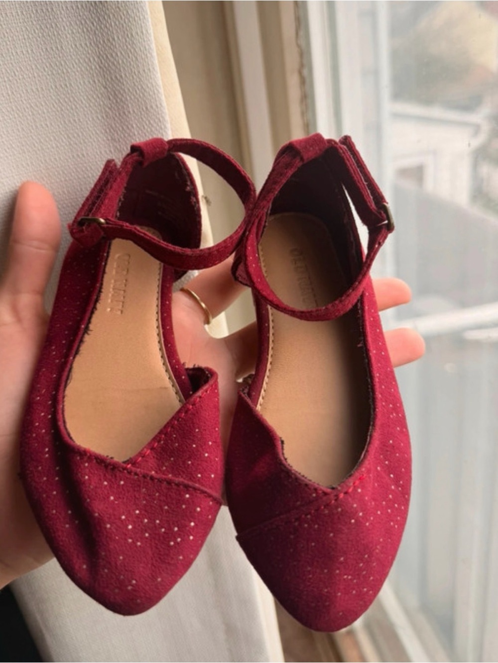 Old Navy Burgundy Girls Ankle-Strap Flats with Tiny Metallic Dots
